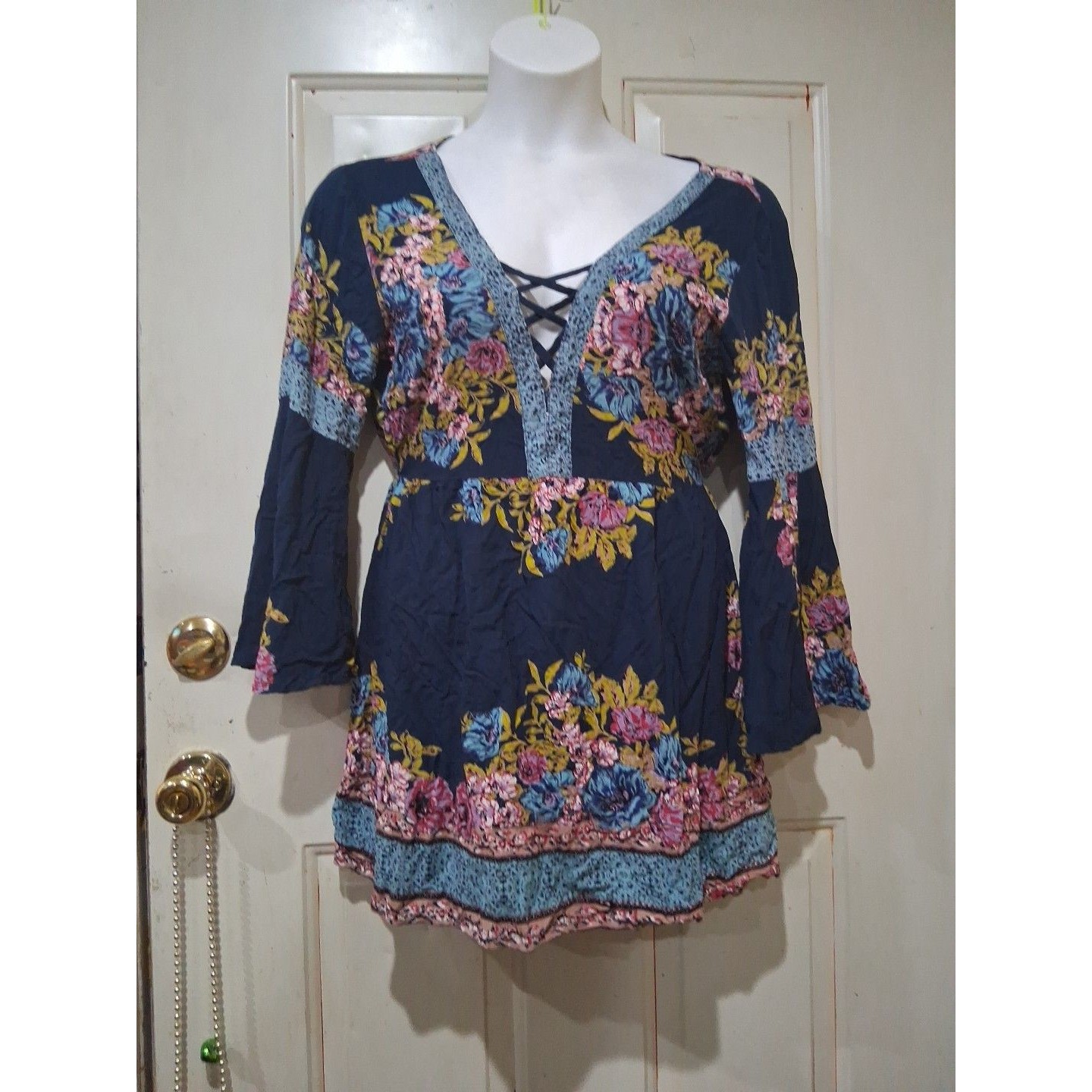 Angie Vintage Floral Sheer Tunic Blouse L Bell Sleeve Boho Hippie Cottagecore